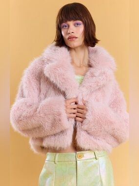 Plush Pink Faux-Fur Cropped Jacket - Women's Coat